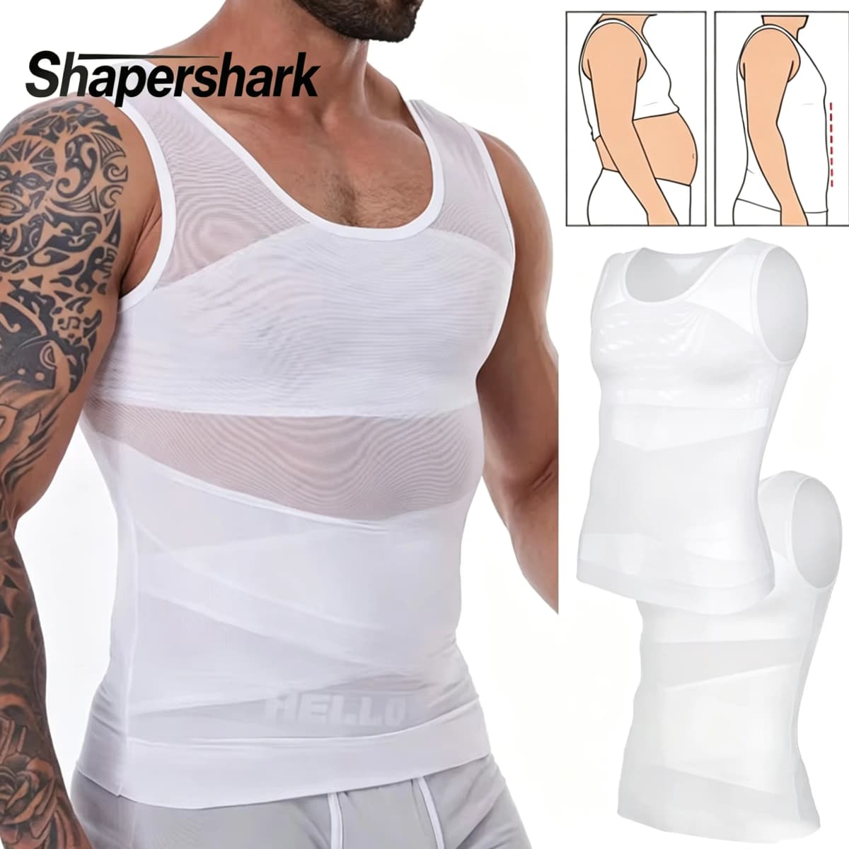 Shapershark Mens Compression Shirt Slimming Body Shaper Vest Gynecomastia Undershirt Tummy Layering  Control Shapewear Tank Top