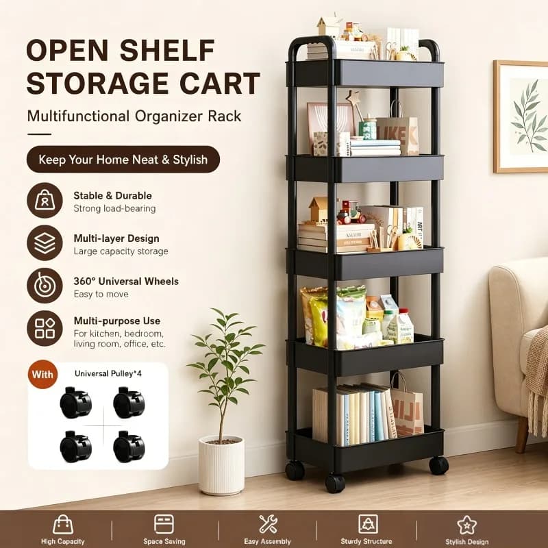 5 Tier Rolling Storage Cart Mobile Organizer Rack Space Saving Utility Shelf With Wheels For Kitchen Bathroom Bedroom Office