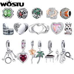 WOSTU Copper Heart Charm Rose Four-leaf Pendant Plated White Gold Fit 0.45cm Bracelet Original For Women  Fashion Jewelry Gift