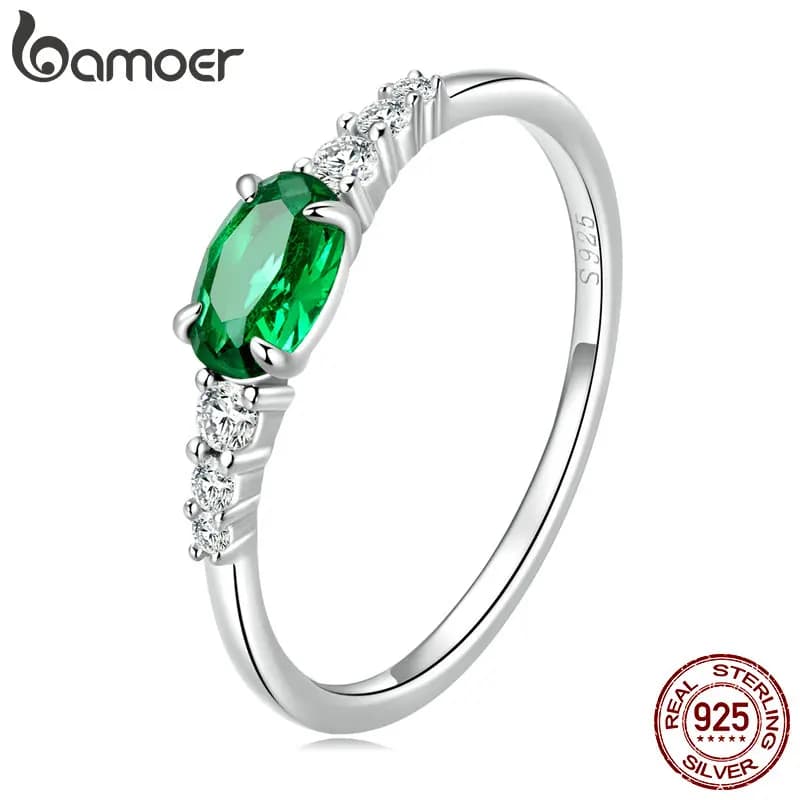 BAMOER 925 Sterling Silver Oval Gemstone Ring for Women Green Pink Zirconium Prongs Setting Ring Wedding Bridal Jewelry Gift