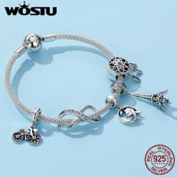 Wostu 925 Sterling Silver Travel Landmark Charms Camera Globe Airplane Eiffel Tower Big Ben Dangle Beads Fit Bracelet Women DIY