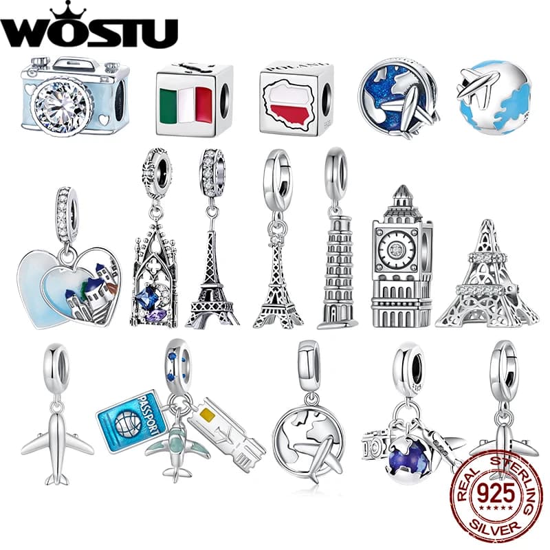 Wostu 925 Sterling Silver Travel Landmark Charms Camera Globe Airplane Eiffel Tower Big Ben Dangle Beads Fit Bracelet Women DIY