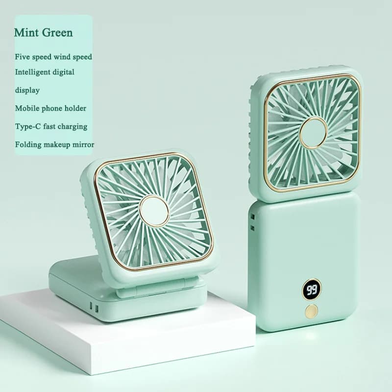 3-in-1 Mini Portable Fan Hanging Neck Fan Handheld Fan & Foldable Mirror with Power Bank, Compact & Portable for Summer Sports