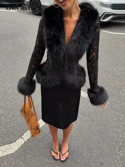 Sexy Lace Patchwork Women's Fur Coat V-Neck Full Sleeve Waist-Closed Lady Coats 2026 Autumn Winter Chic Female Streetwear