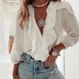 Fashion Ruffles V-neck Women Blouse Women 2026 Spring Autumn Casual Long Sleeve Solid Color Office Shirts Elegant Women's Tops