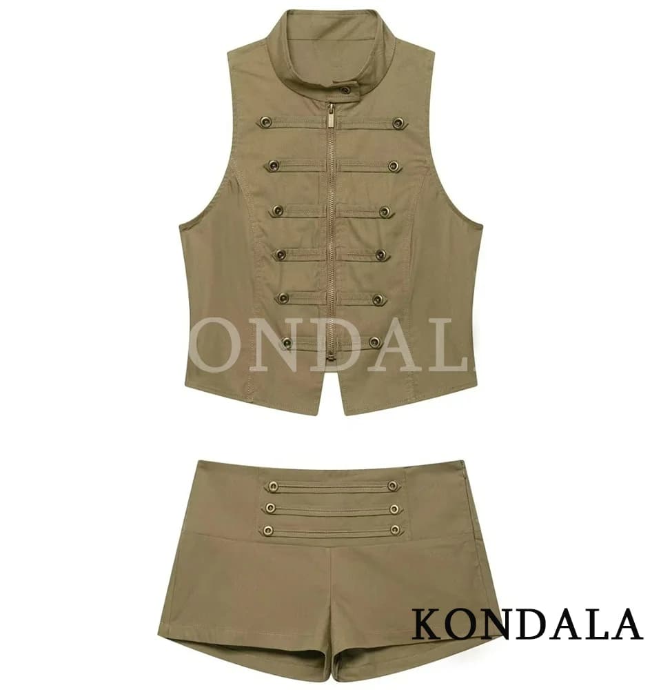 KONDALA Women Vintage Trendy Shorts Set Button O-Neck Sleeveless Zipper Vest Mini Shorts New Fashion 2026 Summer Casual Lady Set