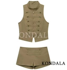 KONDALA Women Vintage Trendy Shorts Set Button O-Neck Sleeveless Zipper Vest Mini Shorts New Fashion 2026 Summer Casual Lady Set