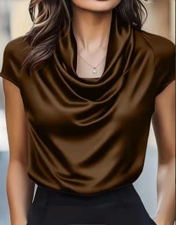 Fashioin Women's Satin Cowl Neck Short Sleeve Blouse Smooth Silk-Like Fabric Elegant Draped Neckline Top For Office Evening Wear