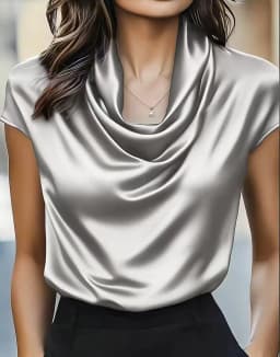 Fashioin Women's Satin Cowl Neck Short Sleeve Blouse Smooth Silk-Like Fabric Elegant Draped Neckline Top For Office Evening Wear