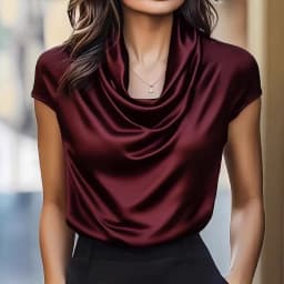 Fashioin Women's Satin Cowl Neck Short Sleeve Blouse Smooth Silk-Like Fabric Elegant Draped Neckline Top For Office Evening Wear
