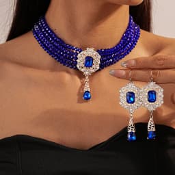 FYUAN Multilayer Green Red Blue Black Crystal Necklace Geometric Hollow Alloy Earrings For Women Weddings Banquet Jewelry Sets