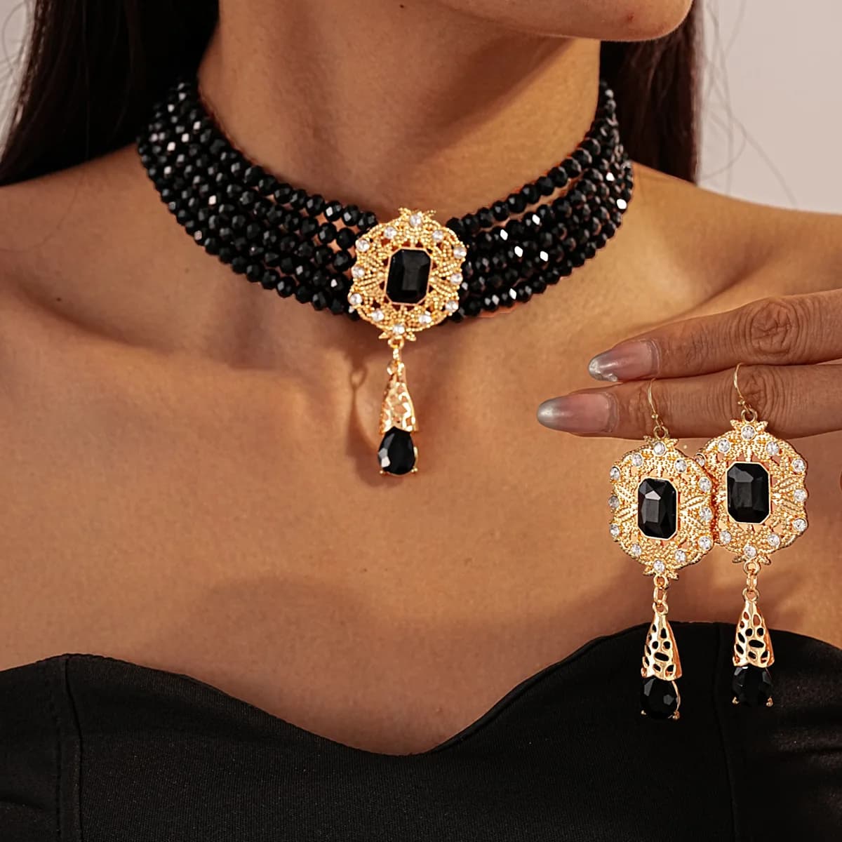 FYUAN Multilayer Green Red Blue Black Crystal Necklace Geometric Hollow Alloy Earrings For Women Weddings Banquet Jewelry Sets
