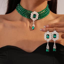 FYUAN Multilayer Green Red Blue Black Crystal Necklace Geometric Hollow Alloy Earrings For Women Weddings Banquet Jewelry Sets