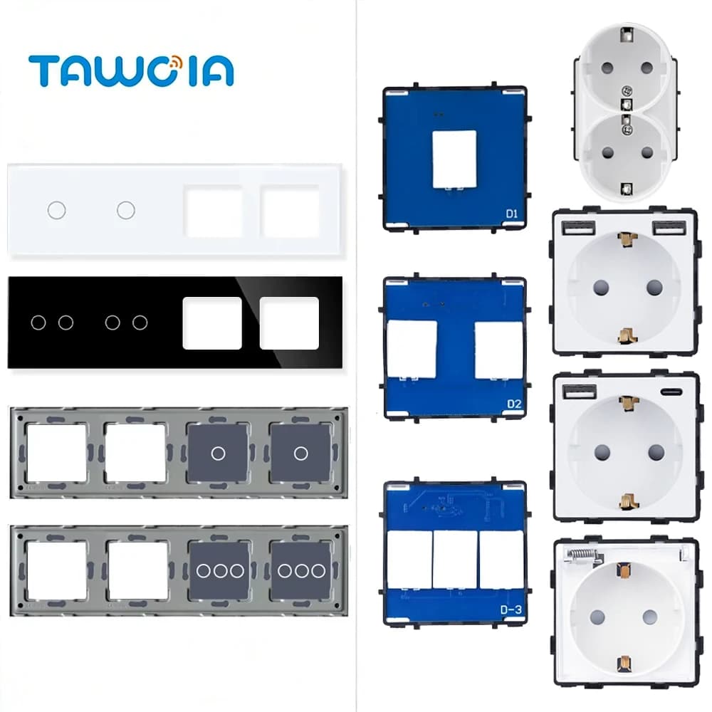 TAWOIA 299mm 1/2/3Gang Switches Function Part Touch 299Glass Front Panel EU Wall Socket Type-C Plug DIY Parts Free Combination