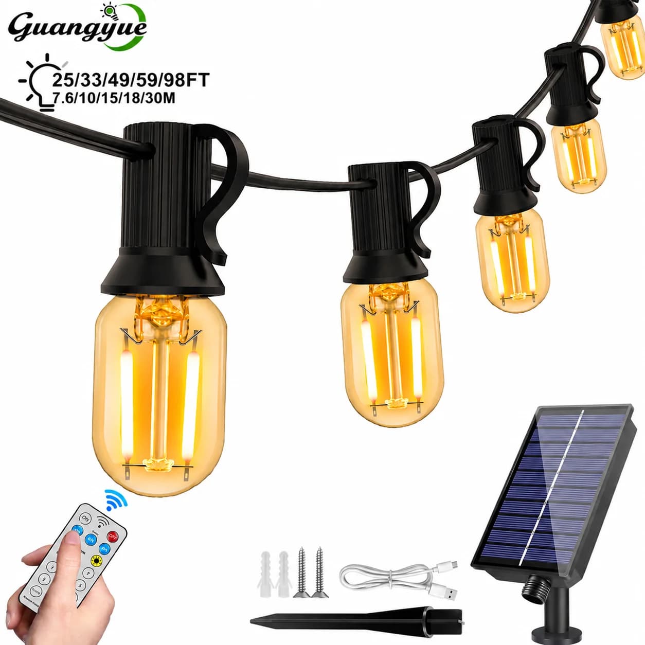 Outdoor Solar String Light Waterproof E12 Glass T22 Amber Bulbs 1W LED Retro Patio Lights for Outside Backyard Bistro Garden