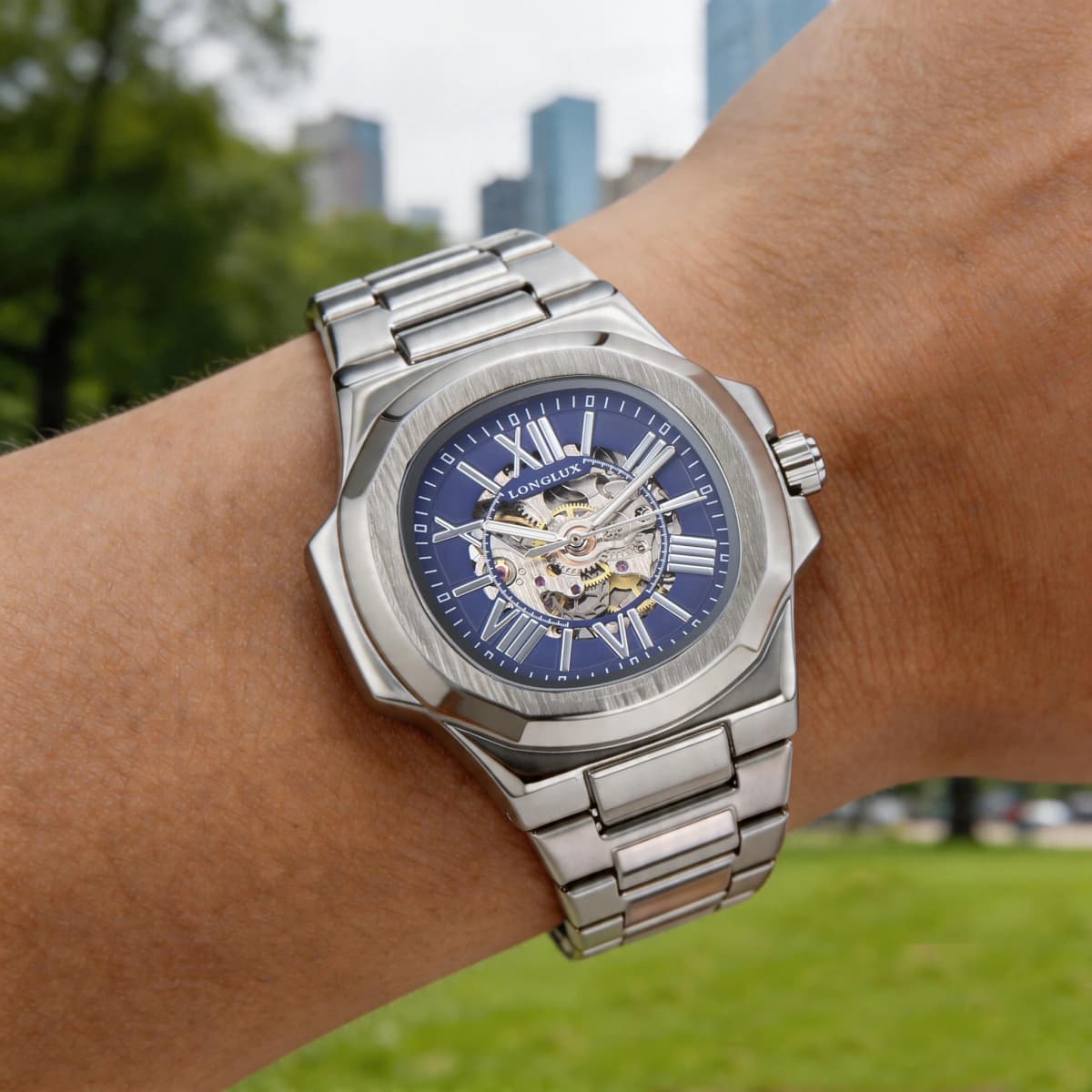 LONGLUX HOT SALE NEW Automatic Mechanical Men Watch Rome Business Waterproof Skeleton Luminous Stainless Steel Gift Watch