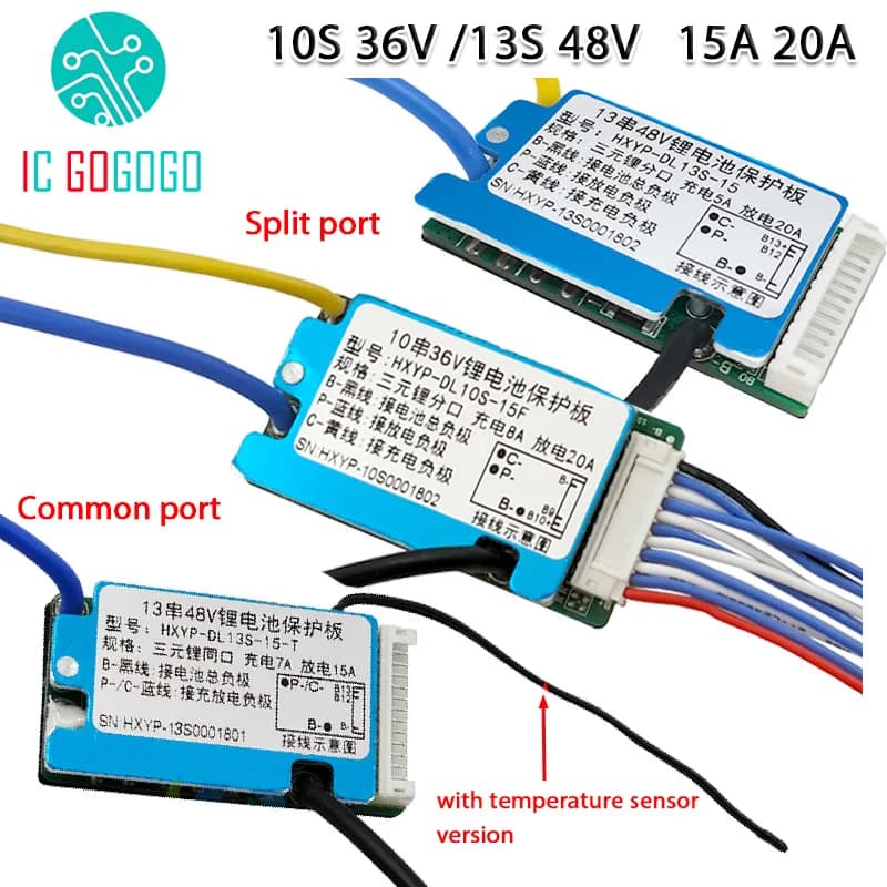 10S 36V 13S 48V 15A 20A Li-ion Lithium Ion Battery Protection Board Common Split Port BMS Temperature Sensor Heat Sink Separated