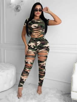 Wmstar Women Two Piece Set Summer Sexy Sport Fashion Casual Ripped Sweatshirt Sweat Camouflage Print Pant Sets Outfit Tracksuit