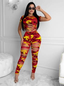 Wmstar Women Two Piece Set Summer Sexy Sport Fashion Casual Ripped Sweatshirt Sweat Camouflage Print Pant Sets Outfit Tracksuit
