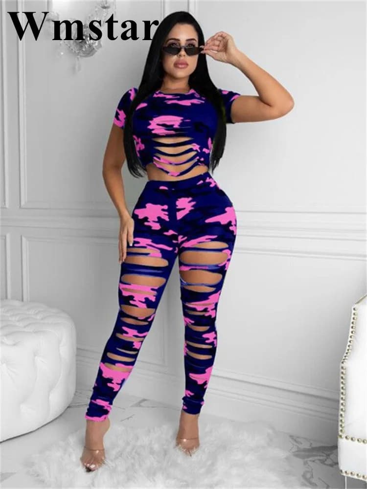 Wmstar Women Two Piece Set Summer Sexy Sport Fashion Casual Ripped Sweatshirt Sweat Camouflage Print Pant Sets Outfit Tracksuit