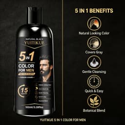 YUITIKUE 5 in 1 Mens Hair Color Shampoo Natural Black Ginseng Botanical Beard Gray Dye 100ml