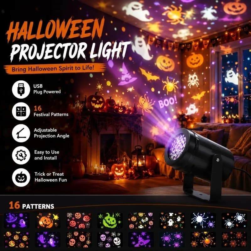 LED Projector Light Ghost Pumpkin Skull Skeleton Projection USB Powered Halloween Party Atmosphere Decor Light Ceiling Home Gift