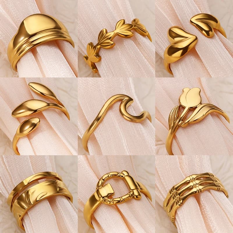 Stainless Steel Wave Rings for Women Gold Color Geometric Heart Rose Flower Wedding Ring Aesthetic Fashion Waterproof Jewelry