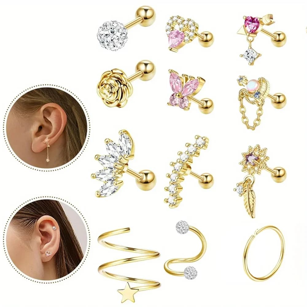 FASACCO 1PC Cartilage Earring Stud for Women Flower Heart Hypoallergenic Stainless Steel Screw Back CZ Earrings Piercing Jewelry