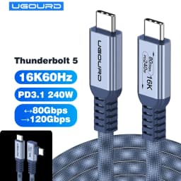 UGOURD Thunderbolt 5 USB4 Gen4 Cable 90 Degree Right Angle Elbow 80Gbps 16K Braided USB‑C to C 240W Fast Charging Cable For EGPU