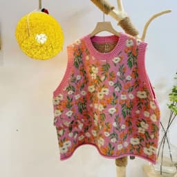 Korean Style Pink Peach Blossom Knitted Vest For Women Fashion Flower Embroidery Sweater Vest O Neck Pullover Knitwear