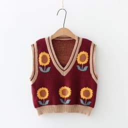 Korean Style Pink Peach Blossom Knitted Vest For Women Fashion Flower Embroidery Sweater Vest O Neck Pullover Knitwear