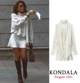 KONDALA Elegant Satin Scarf Collar Party Dress Women's High Street Dating Long Sleeve Mini Dress 2025 Fall Fashion Ladies Dress