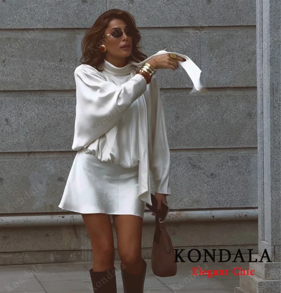 KONDALA Elegant Satin Scarf Collar Party Dress Women's High Street Dating Long Sleeve Mini Dress 2025 Fall Fashion Ladies Dress