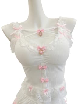 Sweet Crop Top Women Lace Trim Cotton Cropped Bows Bead Decoration Pink White Cute Camis Sweet Girls Lolita Style Kawaii Clothes
