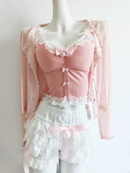 Sweet Crop Top Women Lace Trim Cotton Cropped Bows Bead Decoration Pink White Cute Camis Sweet Girls Lolita Style Kawaii Clothes