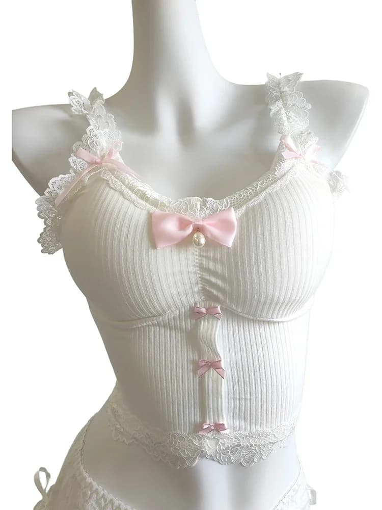Sweet Crop Top Women Lace Trim Cotton Cropped Bows Bead Decoration Pink White Cute Camis Sweet Girls Lolita Style Kawaii Clothes