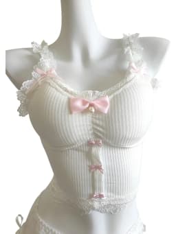 Sweet Crop Top Women Lace Trim Cotton Cropped Bows Bead Decoration Pink White Cute Camis Sweet Girls Lolita Style Kawaii Clothes