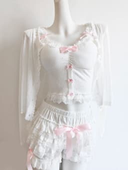 Sweet Crop Top Women Lace Trim Cotton Cropped Bows Bead Decoration Pink White Cute Camis Sweet Girls Lolita Style Kawaii Clothes