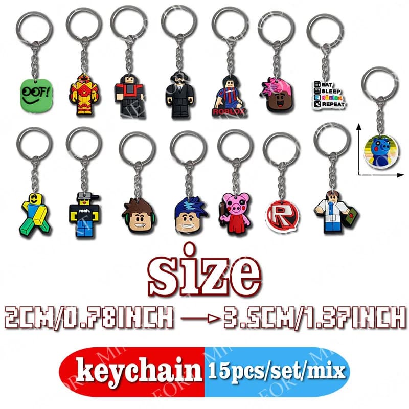 15Pcs Game Roblox Themed Keychain Creative Peripheral Cartoon Characters Soft Car for Hanging Bag Pendant Decoration Daily Gift