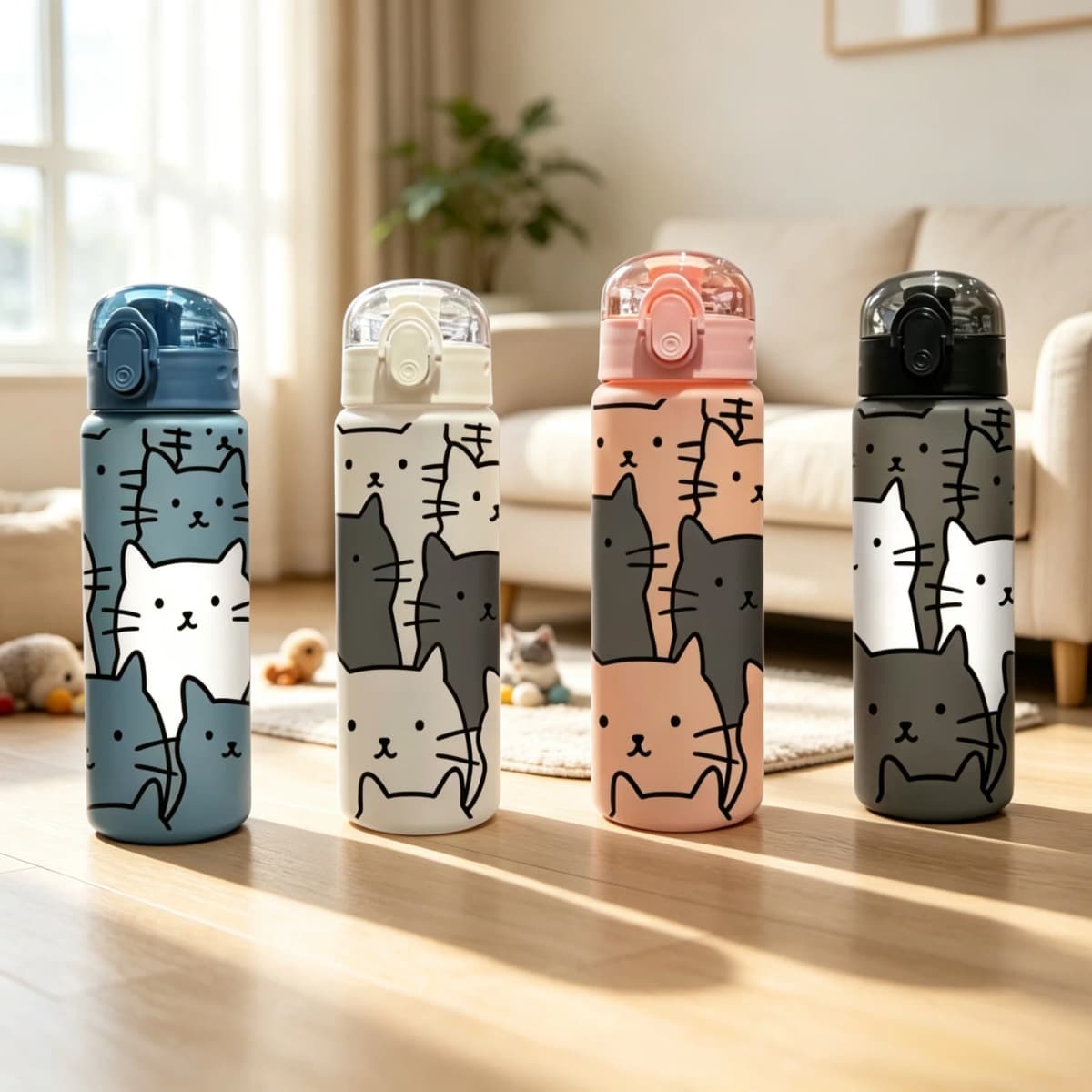 780ML 3D Cartoon Cat Printed Durable Water Bottle PVC-Free, Leak-Proof, Matte Finish, Includes Carry Loop, Perfect for Holidays
