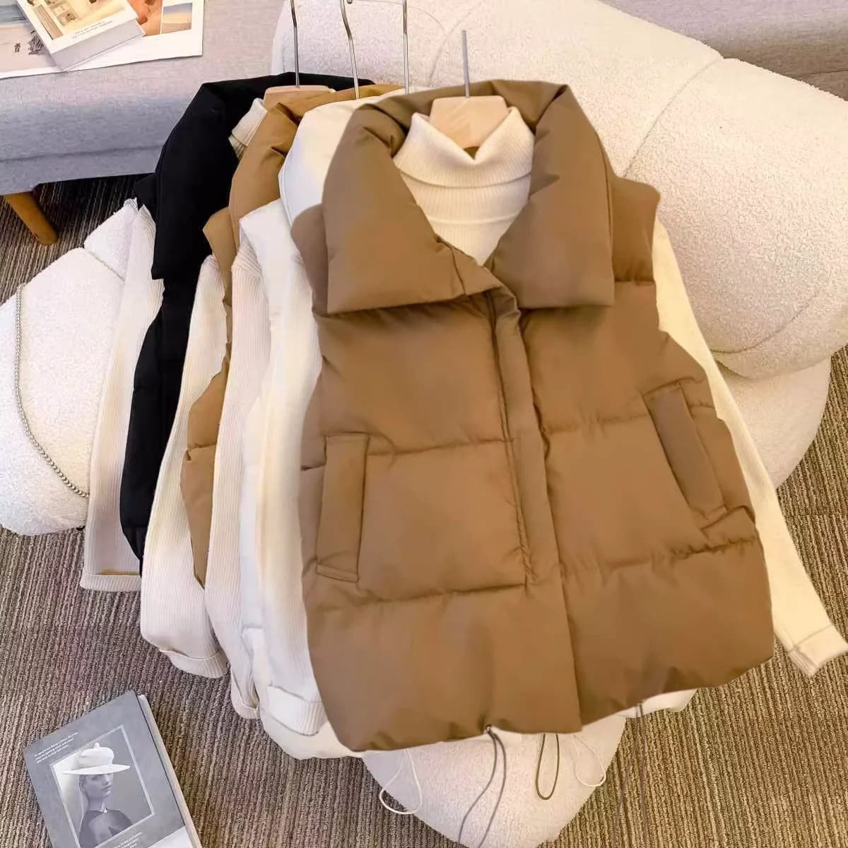 Oversizes Zipper Down Cotton Vest Loose Women Autumn Winter Casual Waistcoat Clothing Sleeveless Solid Color Basics Jacket Top