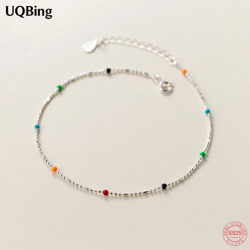 S925 Sterling Silver Colorful Round Beads Anklet Foot Jewelry for Women