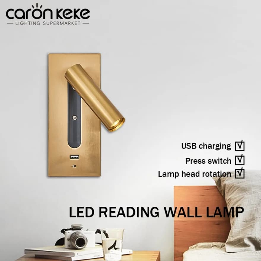 Modern LED Wall Lamp Embedded Wall Lamp Bedroom Bedside Living Room Study Indoor Reading Light Black/copper with USB Interface