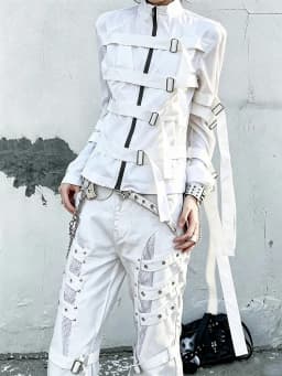 Women White Straps Buckle Zip Up Jacket High Neck Long Sleeve Gothic Punk Bandage Strap Ribbon Y2K Streetwear Slim Fit Coat