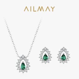 Ailmay 925 Sterling Silver Luxury Water Drop with Green Zircon Pendant Necklace Earrings for Women Jewelry Sets Party Gift