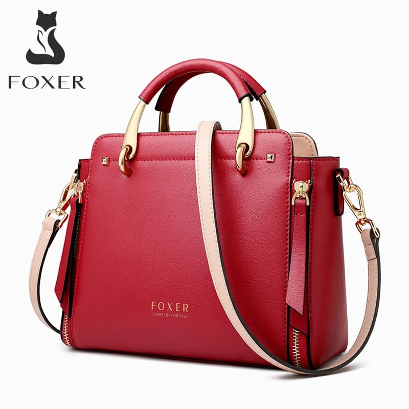 FOXER Split Leather Shoulder Bag Women Top Handle Handbag Female Large Capacity Tote Bag Simple Luxury Crossbody Purse