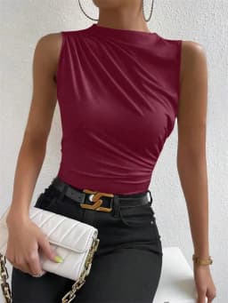 Fashion Casual Mock Neck Ruched Tank Top for Women Summer 2024 Solid Color Pleated Sleeveless Tee Shirt Tshirt Streetwear Y2K