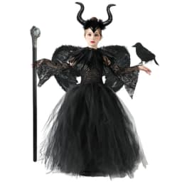 Handmade Tutu Princess Dress Girls Cosplay Costume Evil Queen Black Mesh Children's Carnival Party Wand Demonic Witch Dress