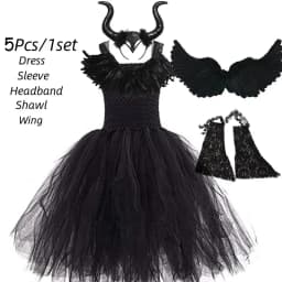 Handmade Tutu Princess Dress Girls Cosplay Costume Evil Queen Black Mesh Children's Carnival Party Wand Demonic Witch Dress