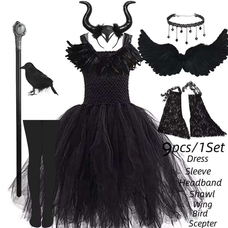 Handmade Tutu Princess Dress Girls Cosplay Costume Evil Queen Black Mesh Children's Carnival Party Wand Demonic Witch Dress